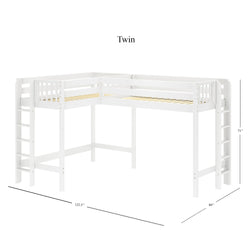 White twin-size wooden loft bed with corner design, featuring ladders on both sides and dimensions of 122.5 inches by 80 inches by 71 inches.
