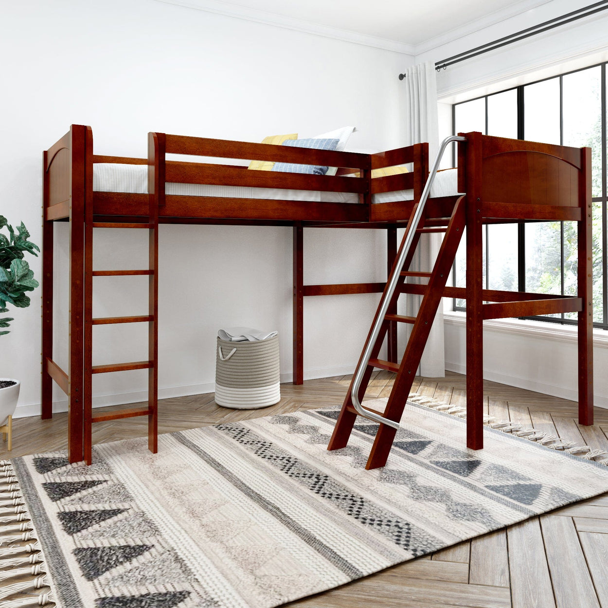 Wooden loft bed with ladder in bright, modern bedroom featuring a patterned rug and large window.
