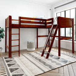 Wooden loft bed with ladder in bright, modern bedroom featuring a patterned rug and large window.