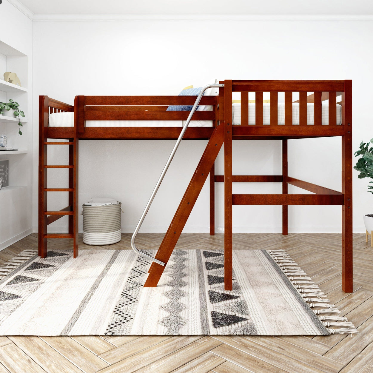 Loft bed with slide and ladder in modern bedroom interior, perfect for maximizing space in kids' rooms.