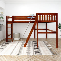 Loft bed with slide and ladder in modern bedroom interior, perfect for maximizing space in kids' rooms.