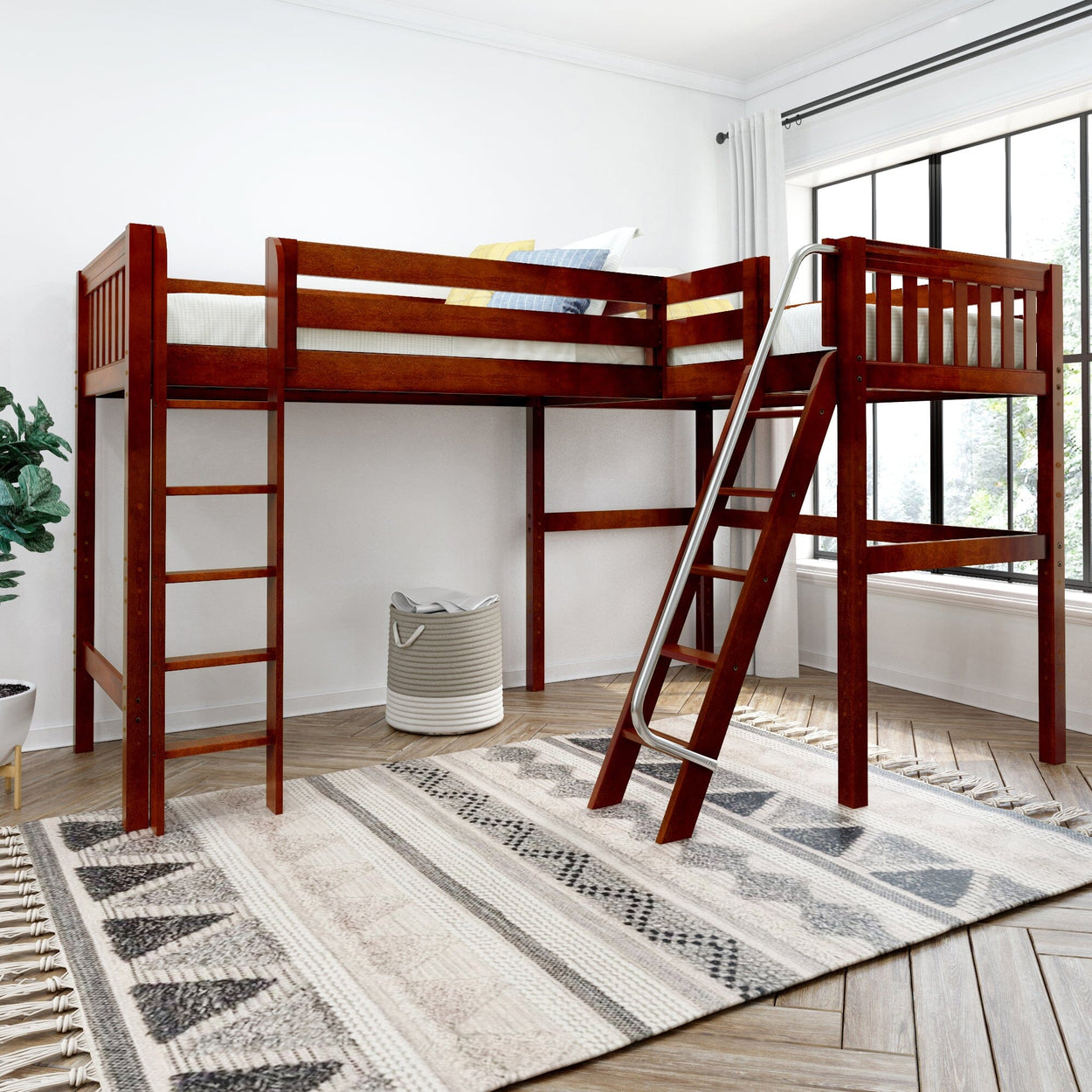 Elegant wooden loft bed with ladder in modern bright bedroom.