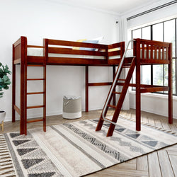 Elegant wooden loft bed with ladder in modern bright bedroom.