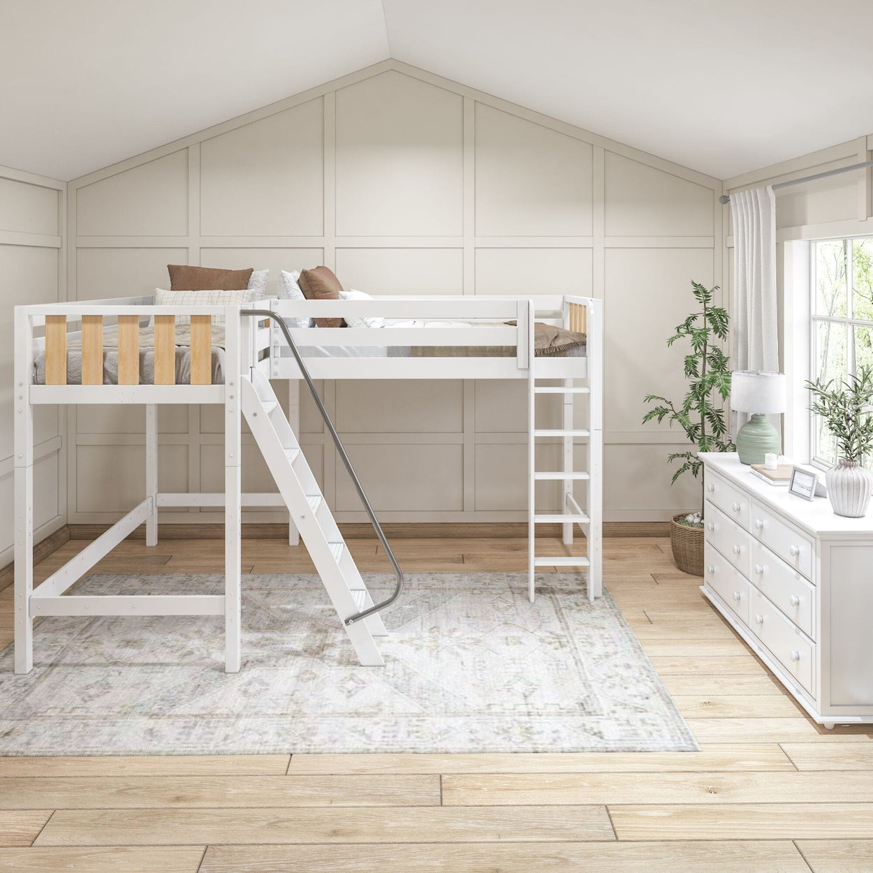 White loft bed with ladder in a modern minimalist bedroom, featuring wooden flooring, a large window with natural light, and a dresser with decor items.