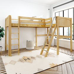 Wooden loft bed with slide and ladder in modern bedroom with large window.