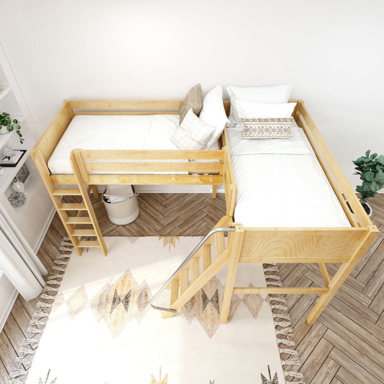 Wooden loft bed with stairs in a modern bedroom, featuring white bedding, decorative pillows, and a patterned rug.
