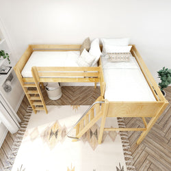 Wooden loft bed with stairs in a modern bedroom, featuring white bedding, decorative pillows, and a patterned rug.