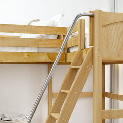 Wooden loft bed with ladder and metal railing in bright bedroom setting.