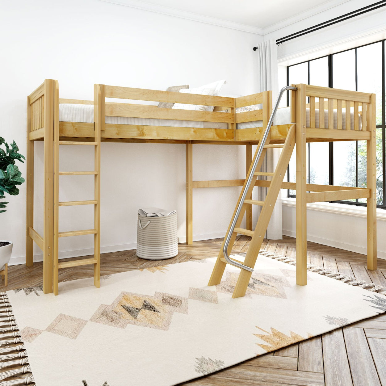Wooden loft bed with ladder and slide in a bright, modern bedroom setting.