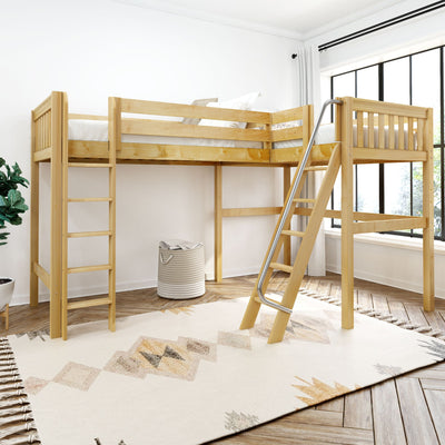 Wooden loft bed with ladder and slide, modern kids' room furniture set in a bright bedroom with large windows.