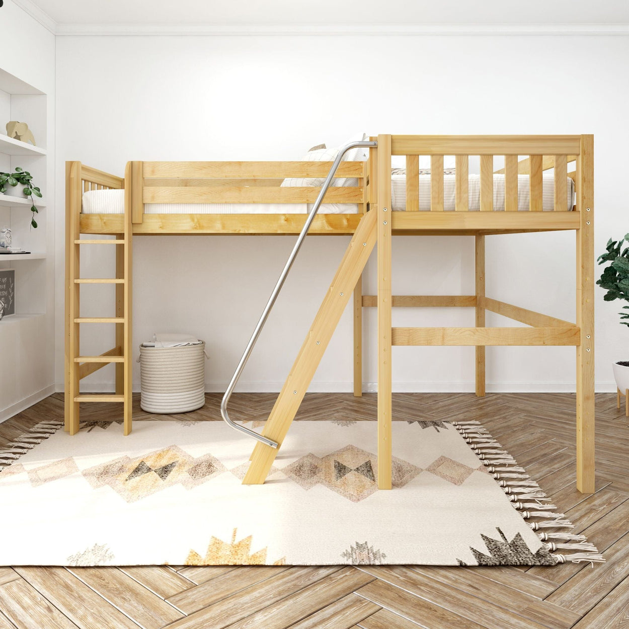 Wooden loft bed with slide and ladder in modern bedroom setting.