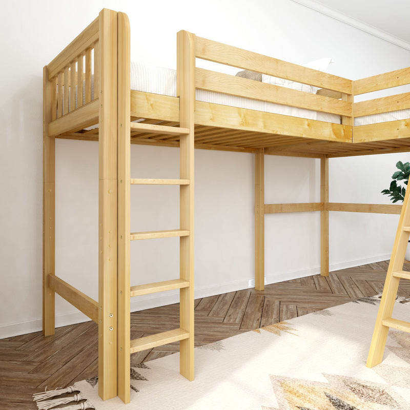 Natural wood loft bed with ladder and safety rails in a bright minimalist bedroom — space-saving raised bed over herringbone hardwood floor and patterned rug