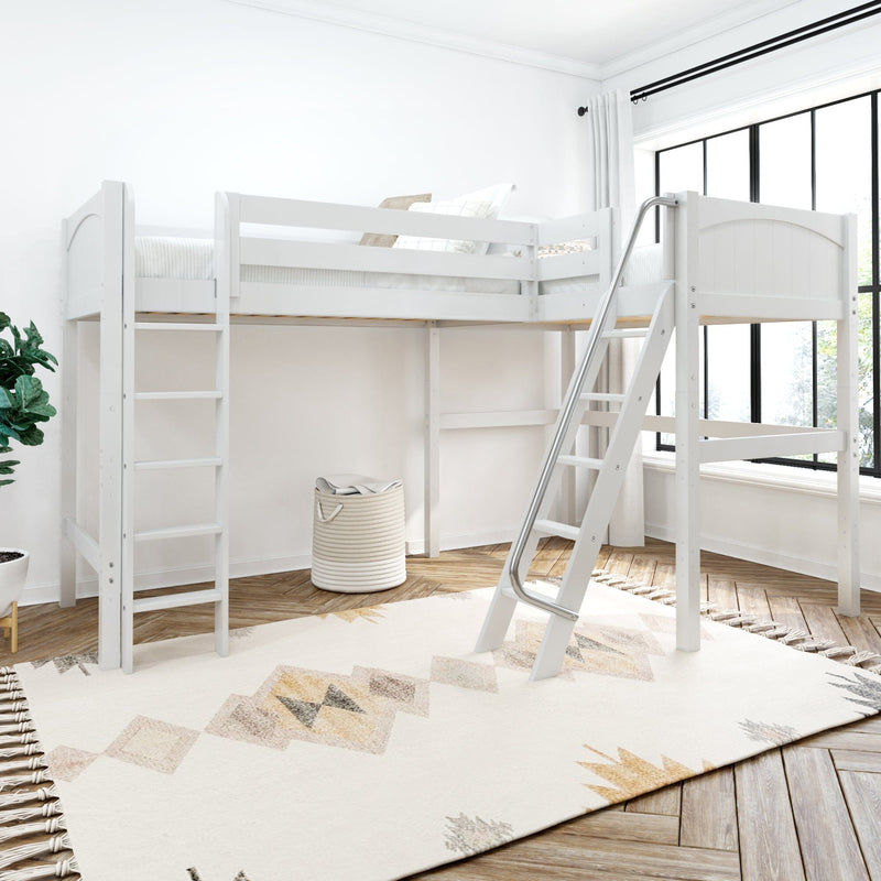 White wooden loft bunk bed with ladder in bright modern kids' bedroom featuring a neutral geometric rug, woven storage basket and large windows