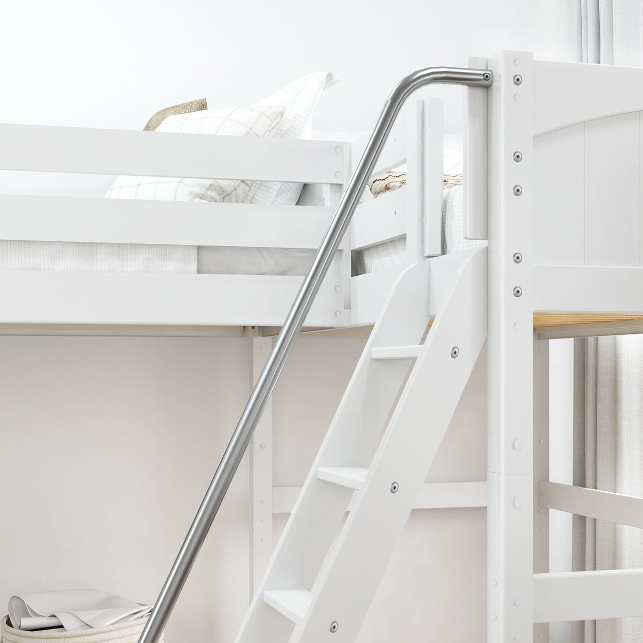 White bunk bed with ladder and railing in a modern bedroom setting.