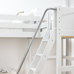 White bunk bed with ladder and railing in a modern bedroom setting.