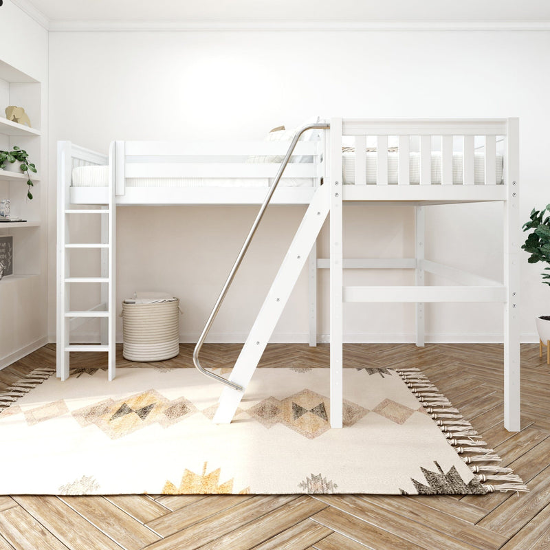 White loft bed with ladder in modern minimalist kids' bedroom, neutral nursery decor with woven rug, herringbone wood floor, shelving and potted plants.