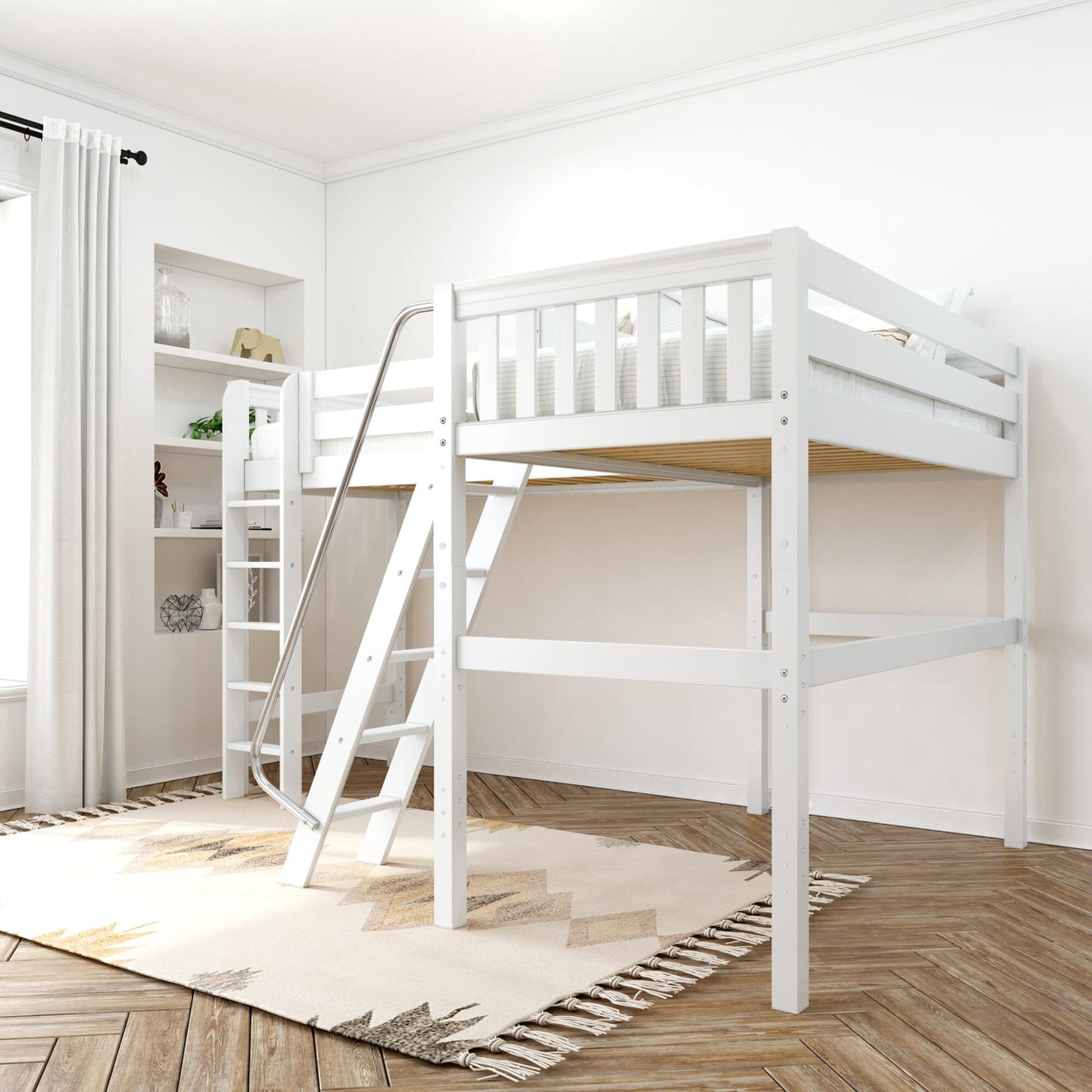 White wooden loft bed with ladder and beige rug in a modern bedroom setting.
