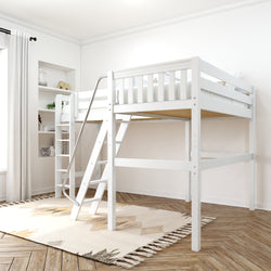 White wooden loft bed with ladder and beige rug in a modern bedroom setting.