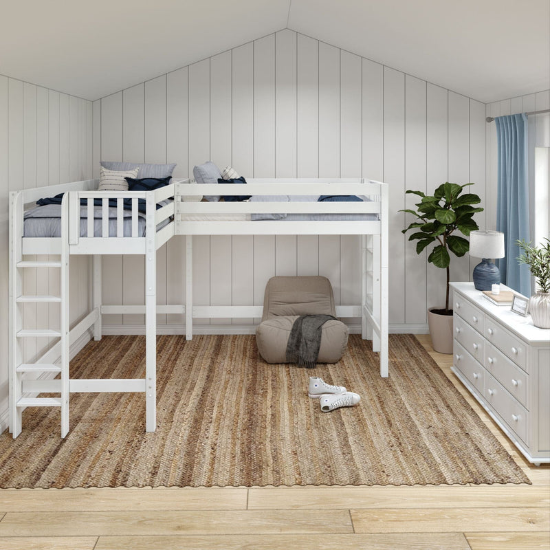 White loft bunk bed in a bright coastal kids' bedroom with vertical shiplap walls, blue curtains, woven jute rug, potted fiddle leaf fig and white dresser