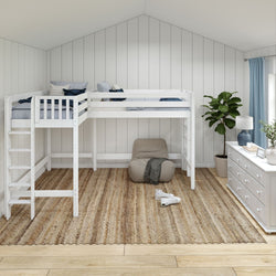 Cozy modern bedroom with white loft bed and dresser, natural rug, and indoor plant.