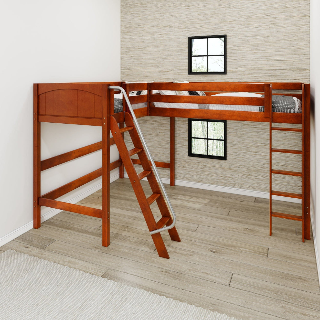 Wooden L-shaped loft bed with ladder in modern bedroom design.