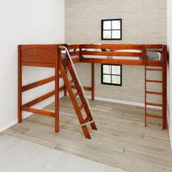 Wooden L-shaped loft bed with ladder in modern bedroom design.