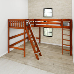 Wooden loft bed with ladder in modern bedroom setting.