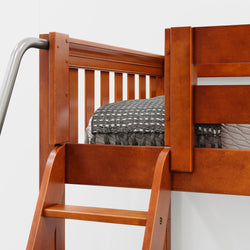 Wooden bunk bed with ladder and gray bedding in a modern bedroom setting.
