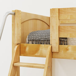 Wooden bunk bed with ladder and patterned bedding in a modern bedroom.