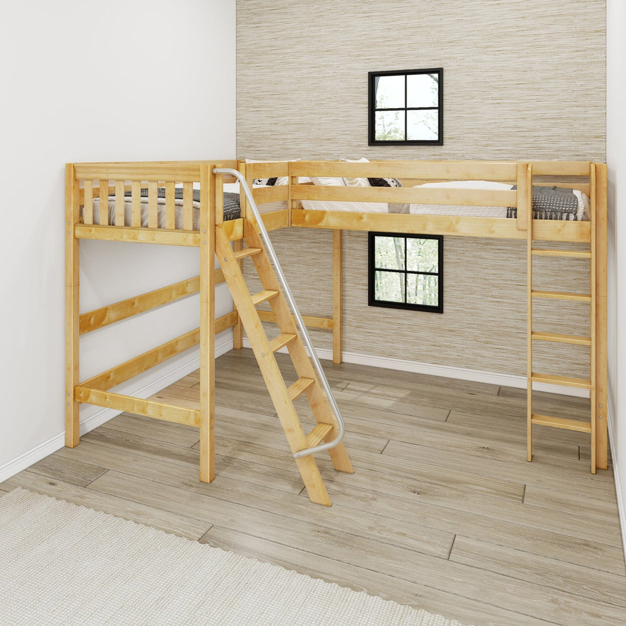 Wooden L-shaped loft bed with ladder in modern bedroom corner featuring textured wallpaper and wooden flooring.