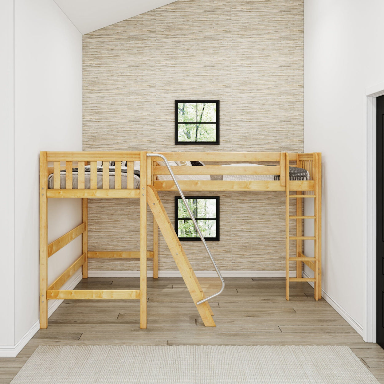Loft bed with ladder in a modern bedroom, featuring wooden flooring and beige textured walls.