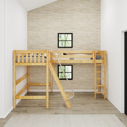 Loft bed with ladder in a modern bedroom, featuring wooden flooring and beige textured walls.