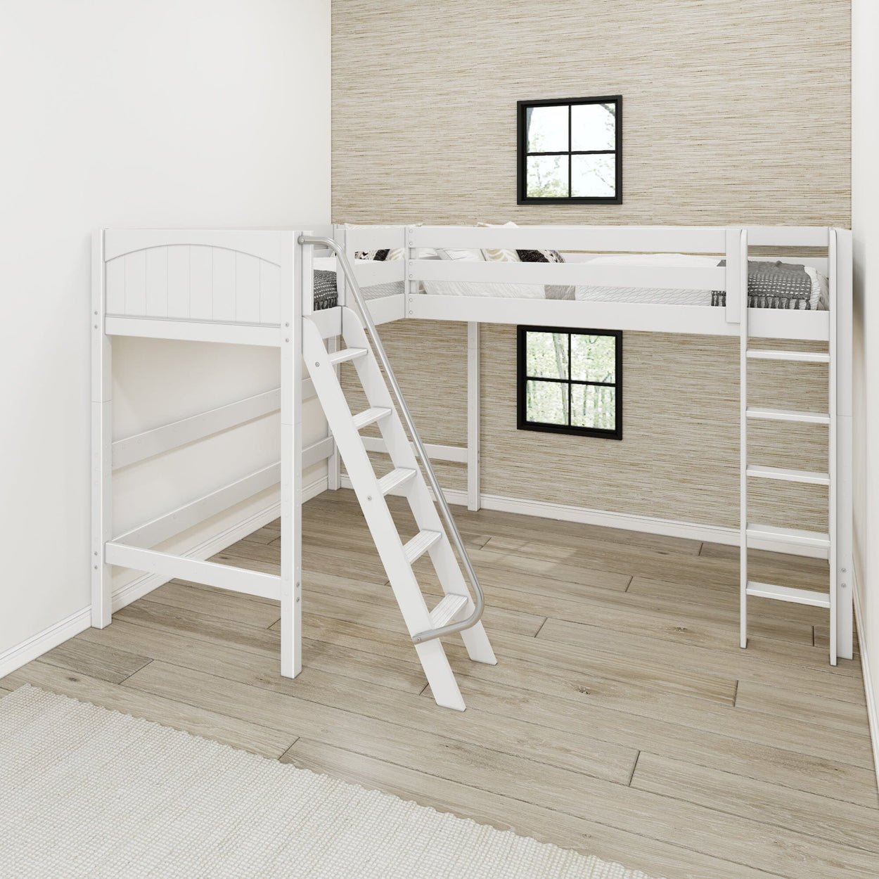 White wooden loft bed with ladder in modern children's bedroom.