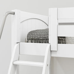 White loft bed with ladder and patterned bedding in modern bedroom.