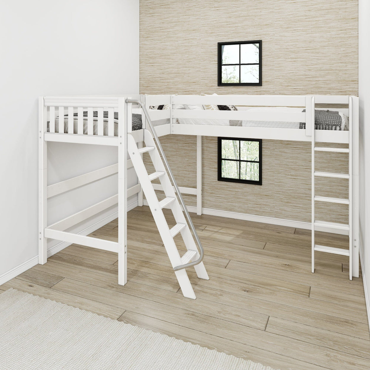 White wooden loft bed with ladder in a modern minimalistic bedroom.