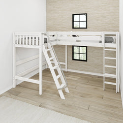 White wooden loft bed with ladder in a modern minimalistic bedroom.