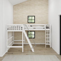 White wooden loft bed with ladder in modern minimalist bedroom.