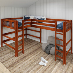 L-shaped wooden loft bed with ladders in a cozy, modern bedroom setting with neutral decor.