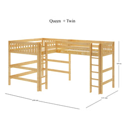L-shaped loft bed with queen and twin size in natural wood finish, featuring sturdy ladder.