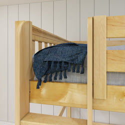 Wooden bunk bed with blue tassel blanket in modern bedroom setting.