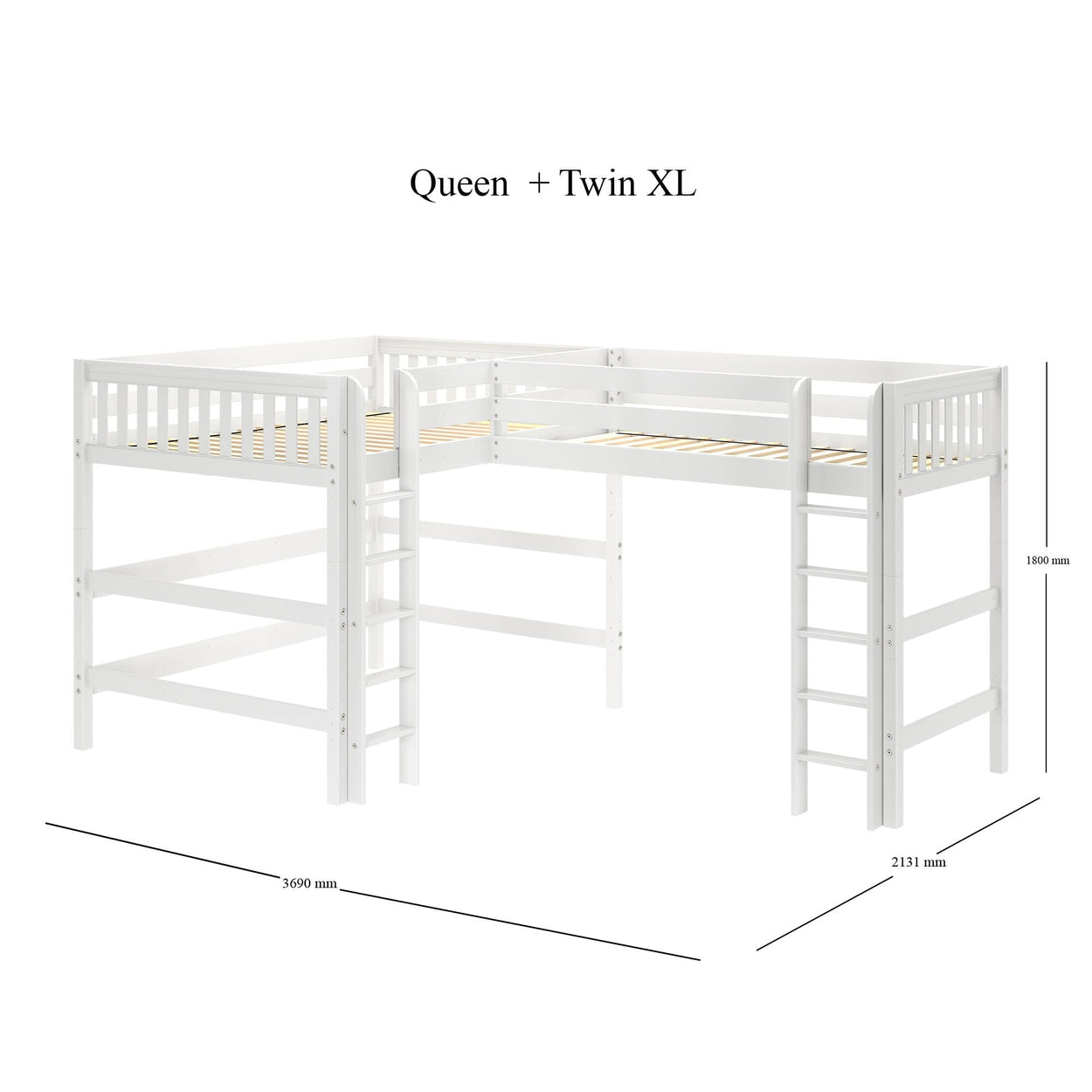 Corner bunk bed with Queen and Twin XL configuration, white finish, featuring sturdy ladders and a safety rail.