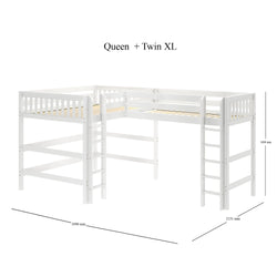 Corner bunk bed with Queen and Twin XL configuration, white finish, featuring sturdy ladders and a safety rail.