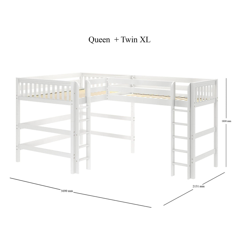 White wooden high loft bed in Queen + Twin XL L-shaped configuration with guardrails, ladders and slatted mattress supports, dimensions 3690 x 2131 x 1800 mm