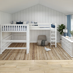 Stylish white loft bed in a modern bedroom with a cozy armchair, woven rug, and elegant decor.