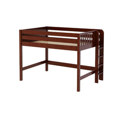 Twin-size wooden loft bed frame in cherry finish with built-in ladder and safety rails, raised bunk with open space for desk or storage