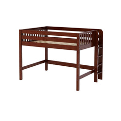 Wooden twin loft bed in cherry finish with built-in ladder, safety guardrails and slatted mattress platform — space-saving elevated bed for kids' bedroom