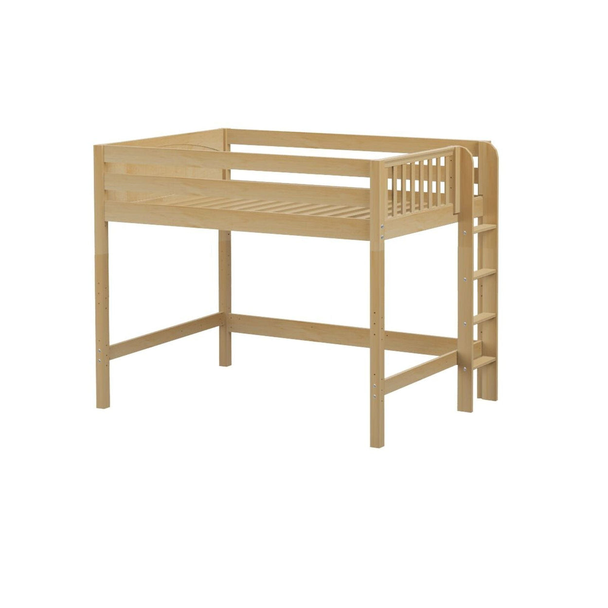 Natural light wood loft bed with safety rails and attached ladder, elevated twin-size frame offering space-saving under‑bed area for kids