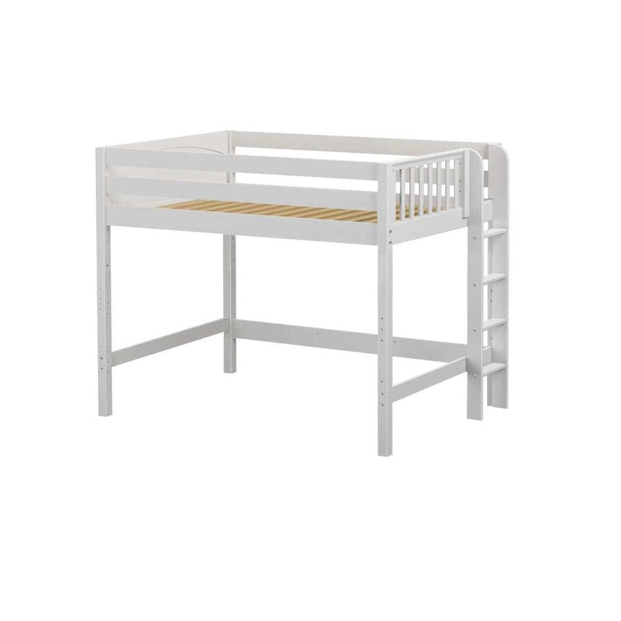 Space-saving white wooden twin loft bed with ladder and safety rails, slatted mattress base for kids' bedroom