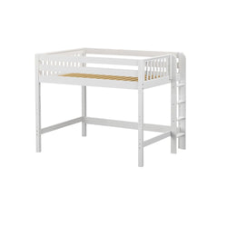 White wooden children's loft bed frame with guardrails and ladder, space-saving elevated single bed with slatted base for kids' room