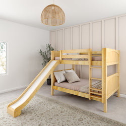 Wooden bunk bed with slide and beige bedding in a modern, light-filled bedroom.